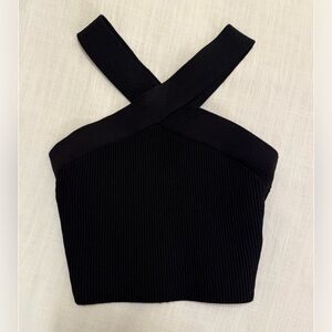 Babaton Black Ribbed Cross-Strap Crop Top